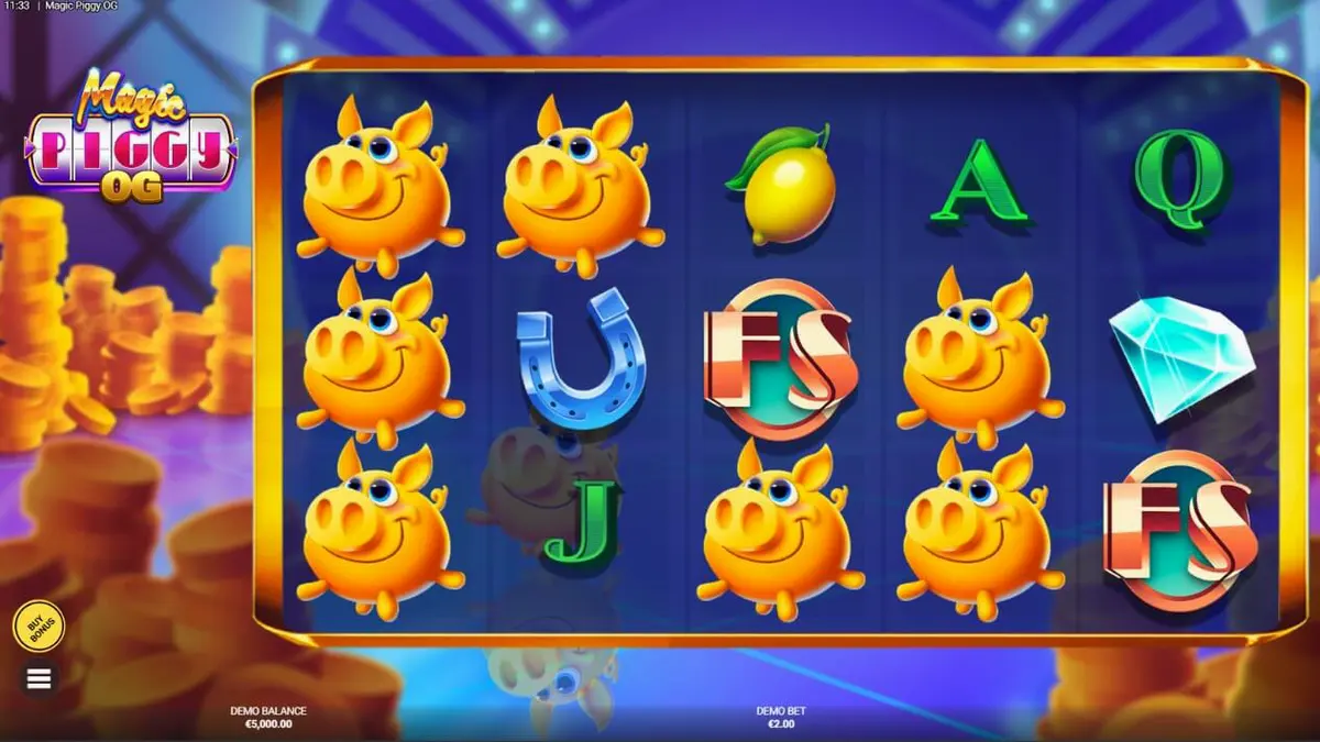Interface do jogo de slot Magic Piggy OG com porquinhos dourados e luzes de estúdio