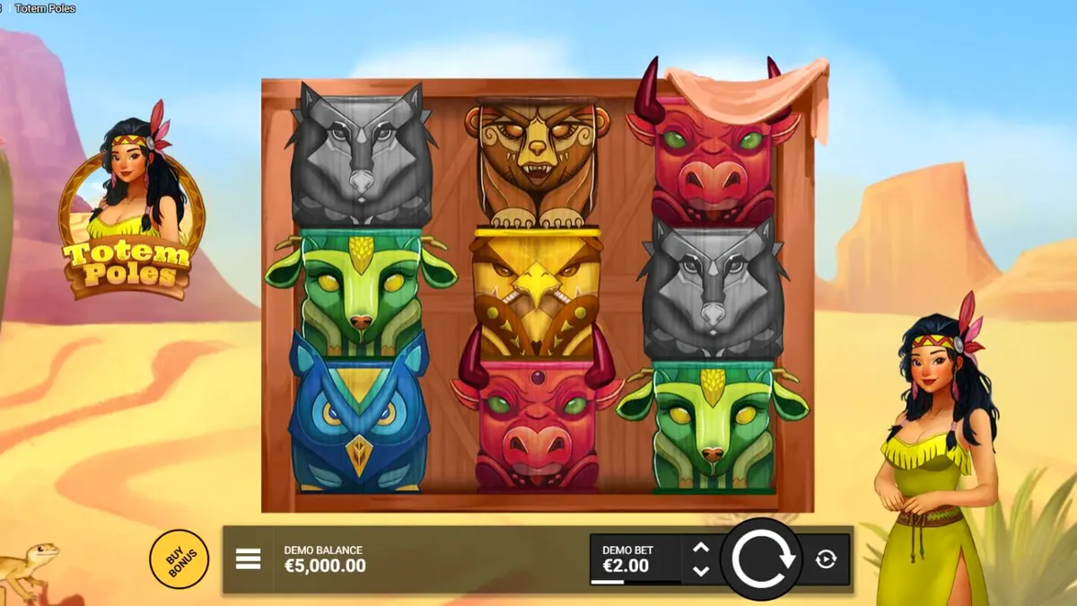 Totem Poles slot machine interface com arte indígena e rolos girando